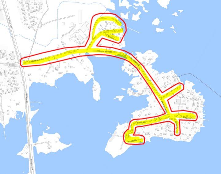 Kuvassa on hankkeen työmaa-alue kartalla: Munsaari ja Sikosaari.