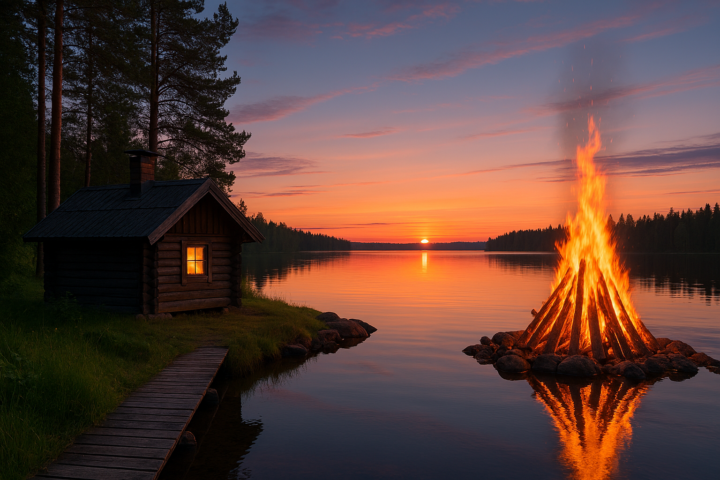 Suomalainen järvimaisema, rantasauna, ei ihmisiä, kokko, yötön yö.